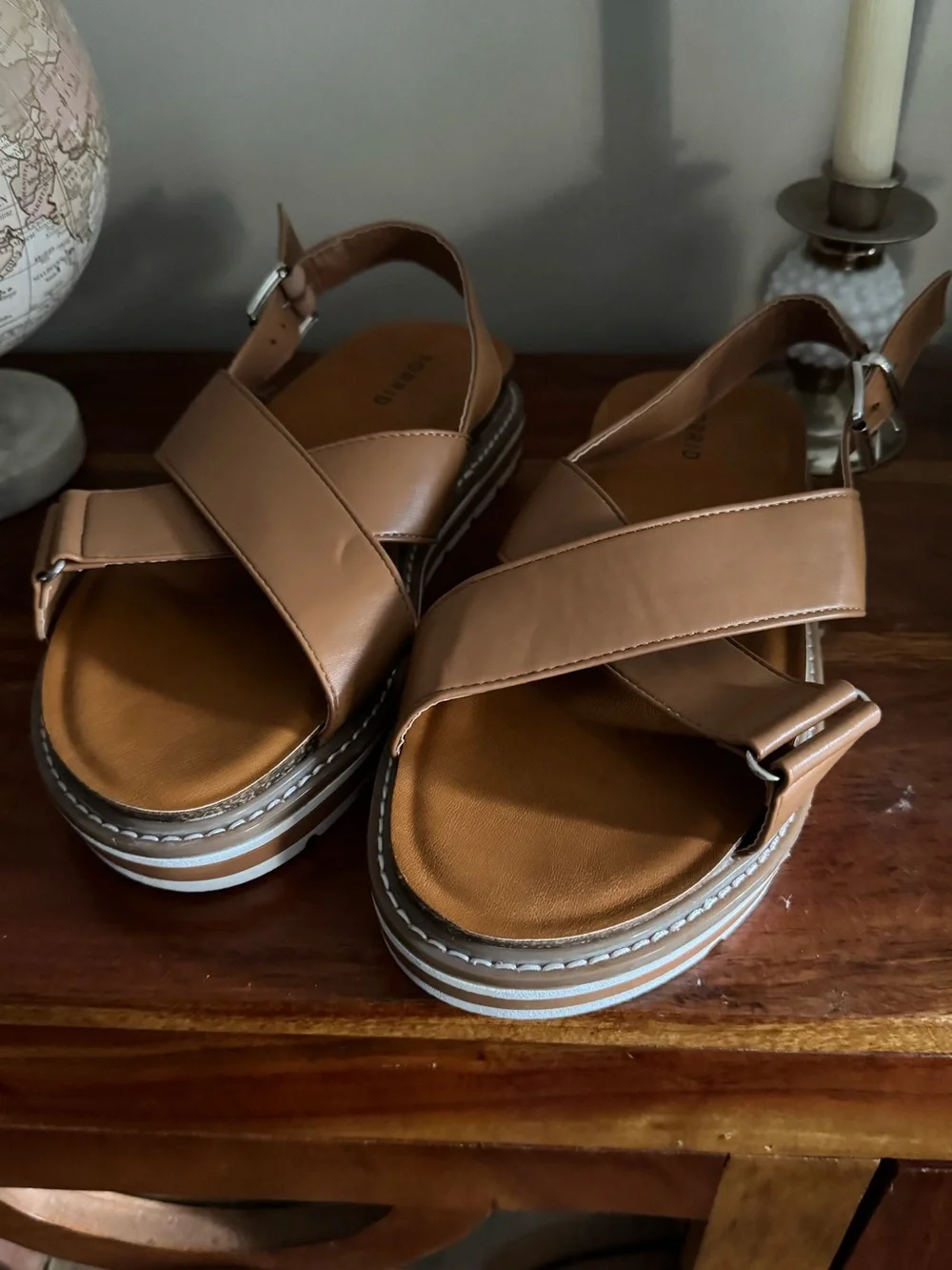 Torrid Sandals Strappy Wedge Thick Sole Brown Tan Leather Size 9WW Summer